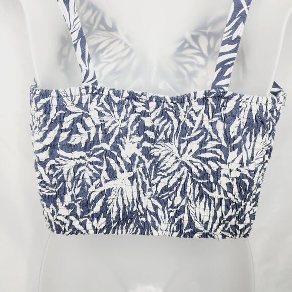 Haute Monde Blue & White Tropical Leaf Print V Neck Women's Crop Top Large - Picture 7 of 10